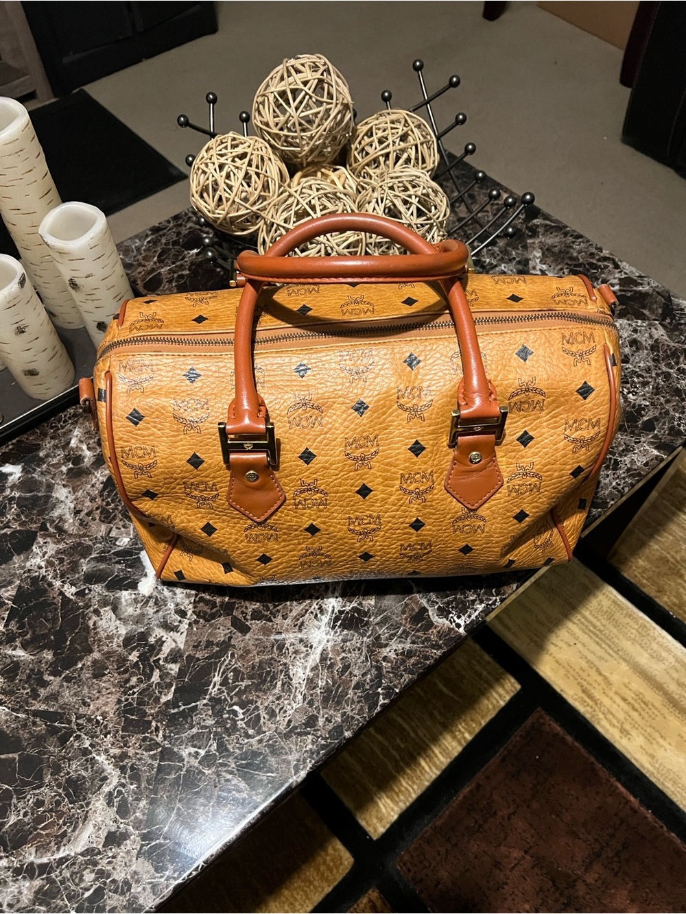 MCM Cognac Visetos Barrel Duffel with Tan Handles like a speedy 35 - Picture 2 of 12
